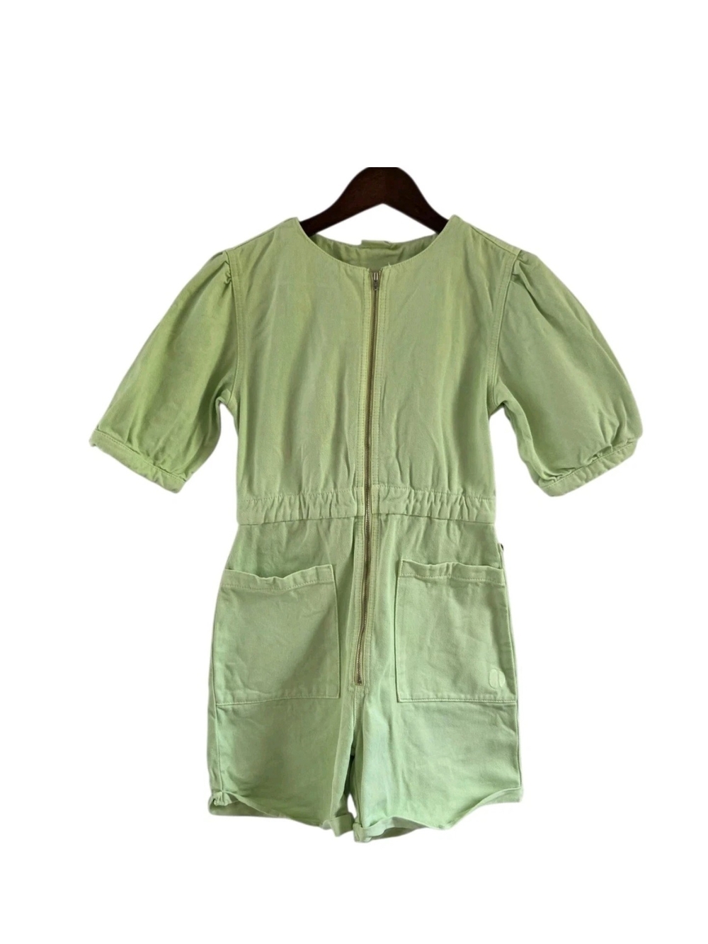 Maed For Mini Lime Green Denim Jean Jumper Shorts Full Zip Pockets Girls 10 Year